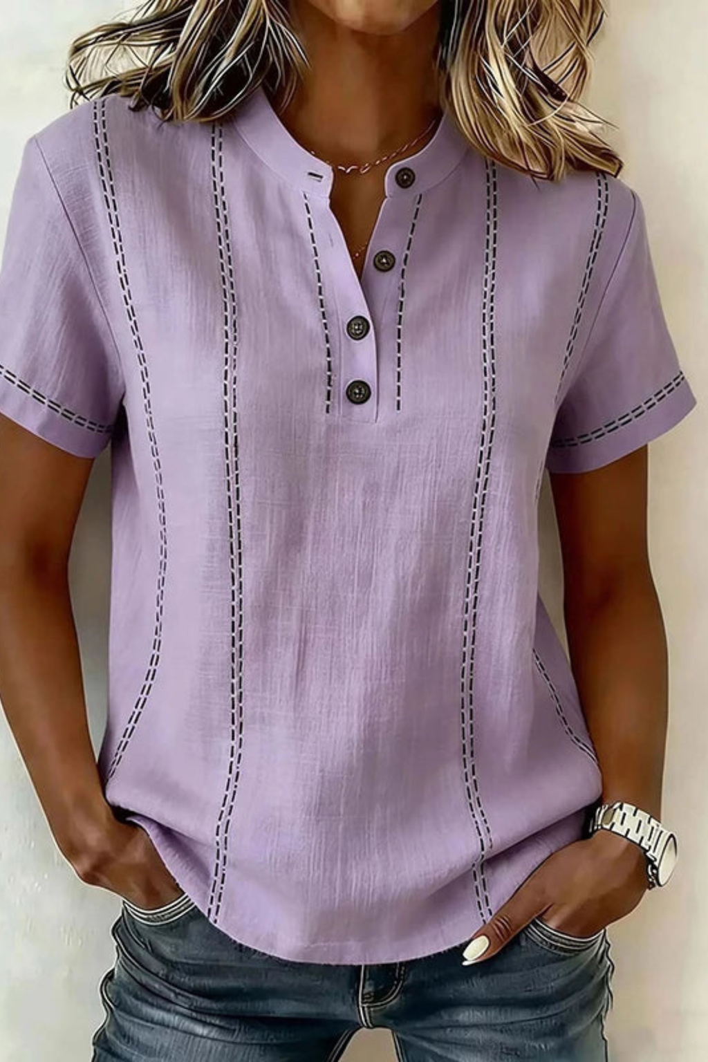 Textured V-Neck Button Blouse with Relaxed Short Sleeves