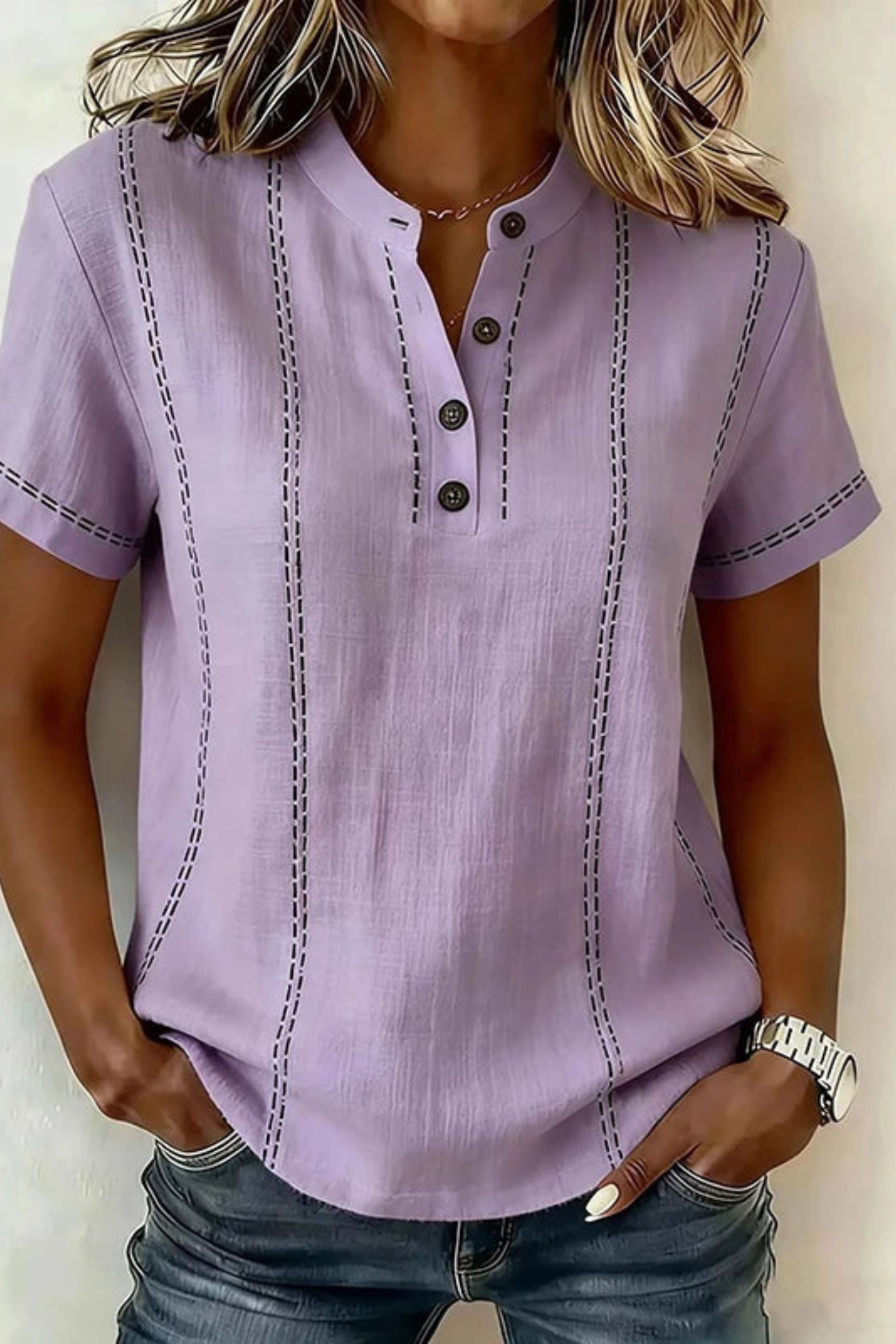 Textured V-Neck Button Blouse with Relaxed Short Sleeves