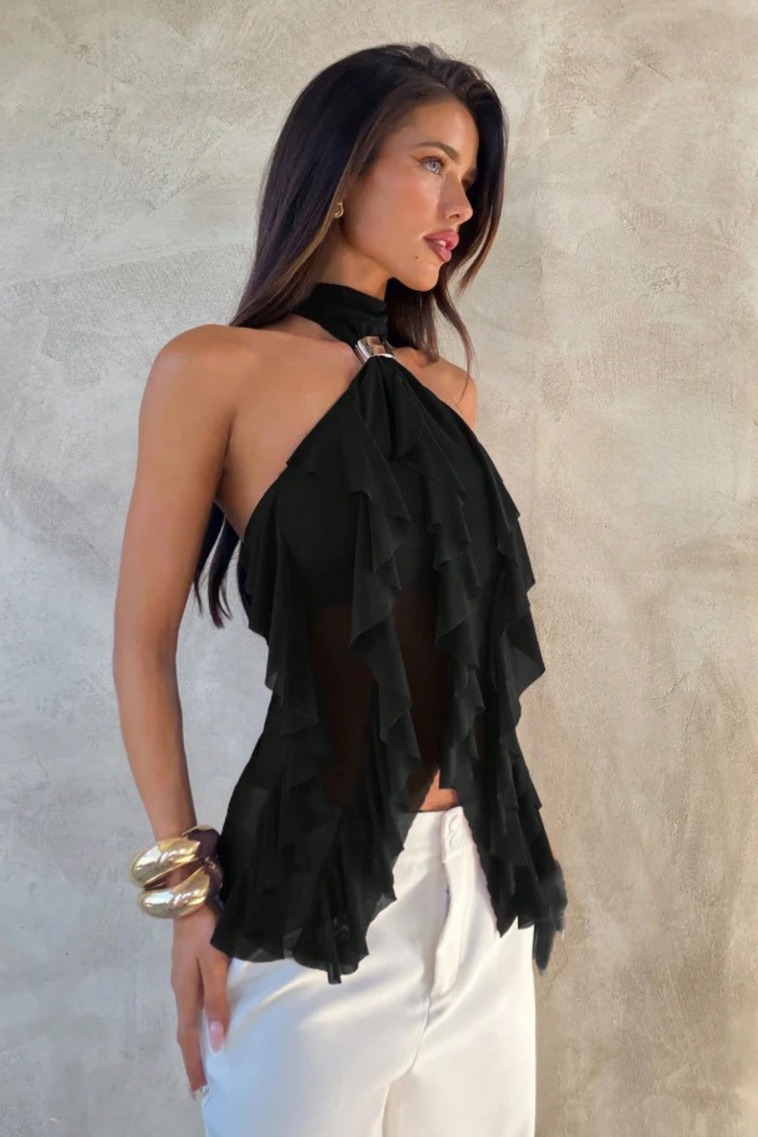 Layered Halter Party Top with Sheer Ruffle Detail