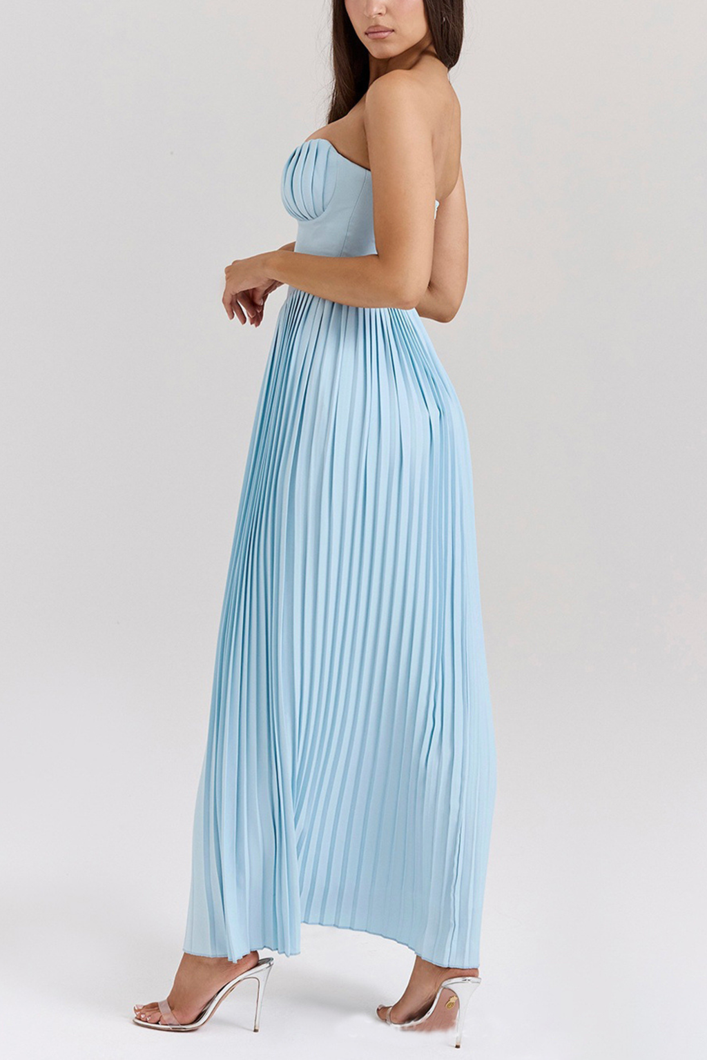 Pleated Strapless Maxi Dress with Flowing A-Line Silhouette