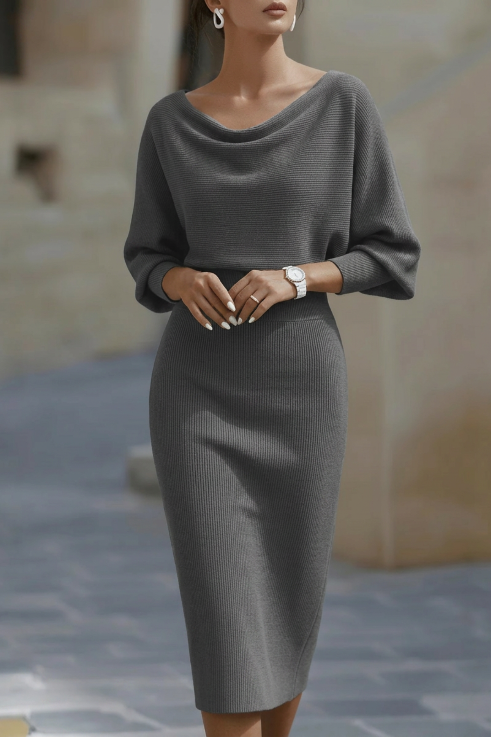 Cowl Neck Bat Sleeve Bodycon Midi Dress