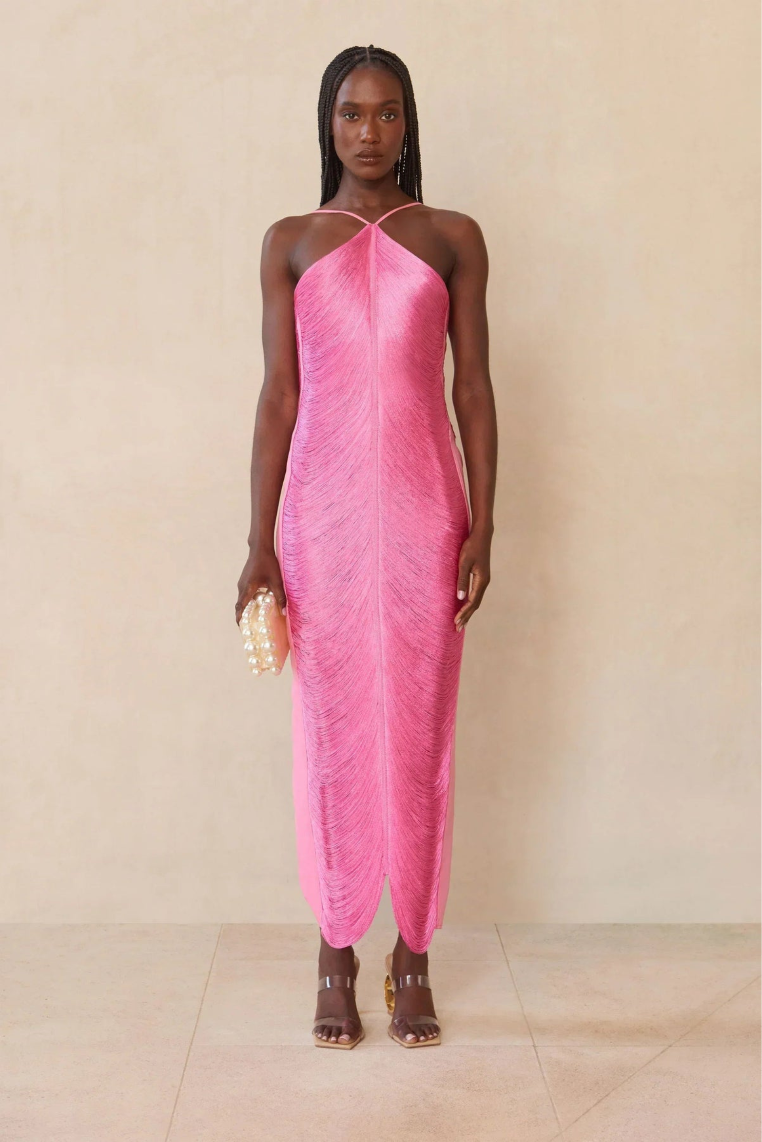 Fringe Halter Maxi Dress with Open Back