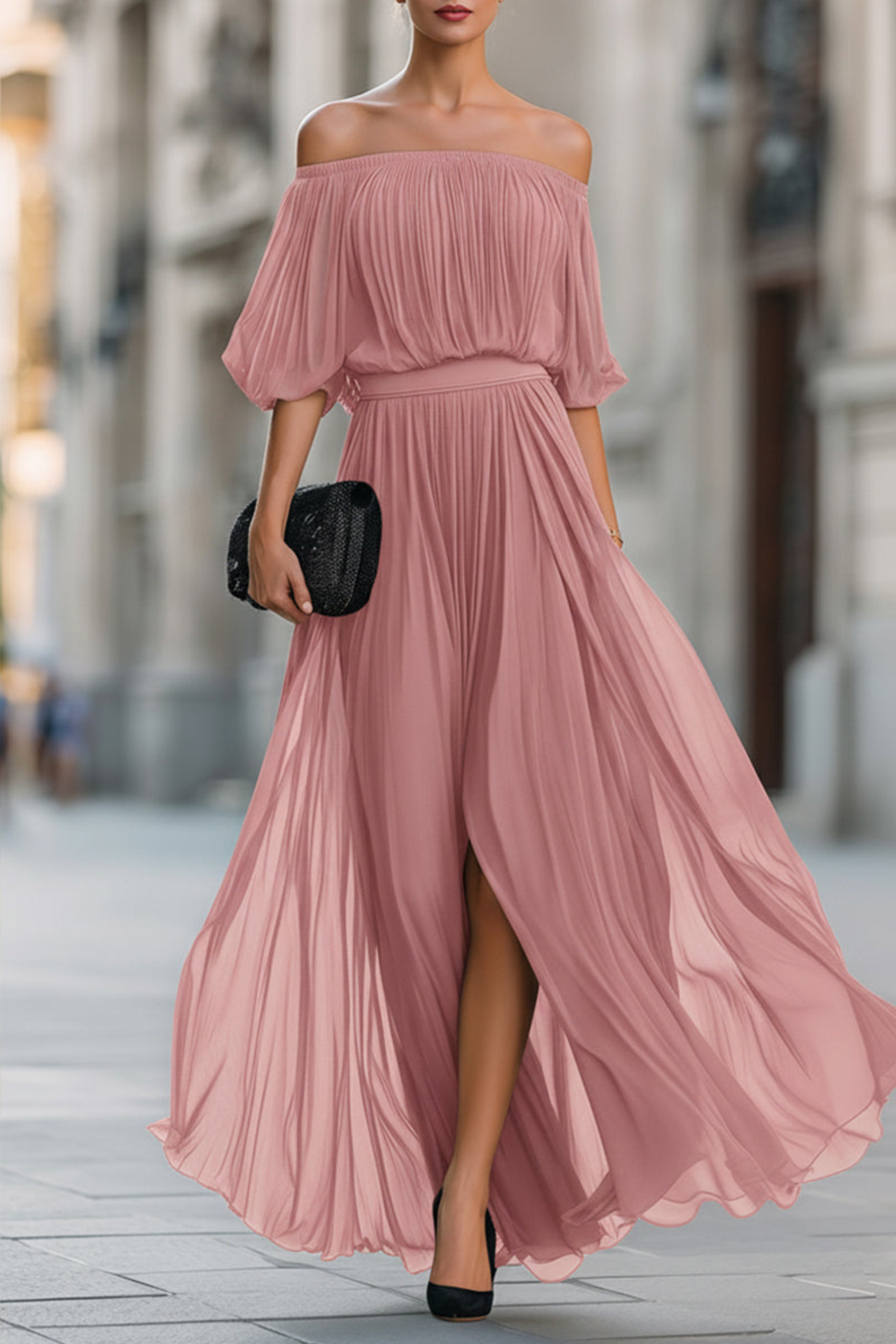Pleated Chiffon Off Shoulder Maxi Dress, Navy / S