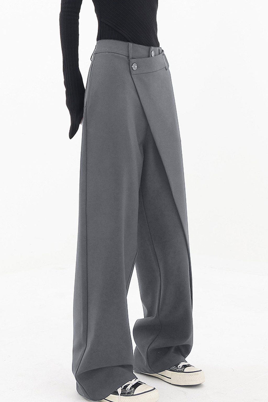 Asymmetrical Button Detail Wide Leg Baggy Pants