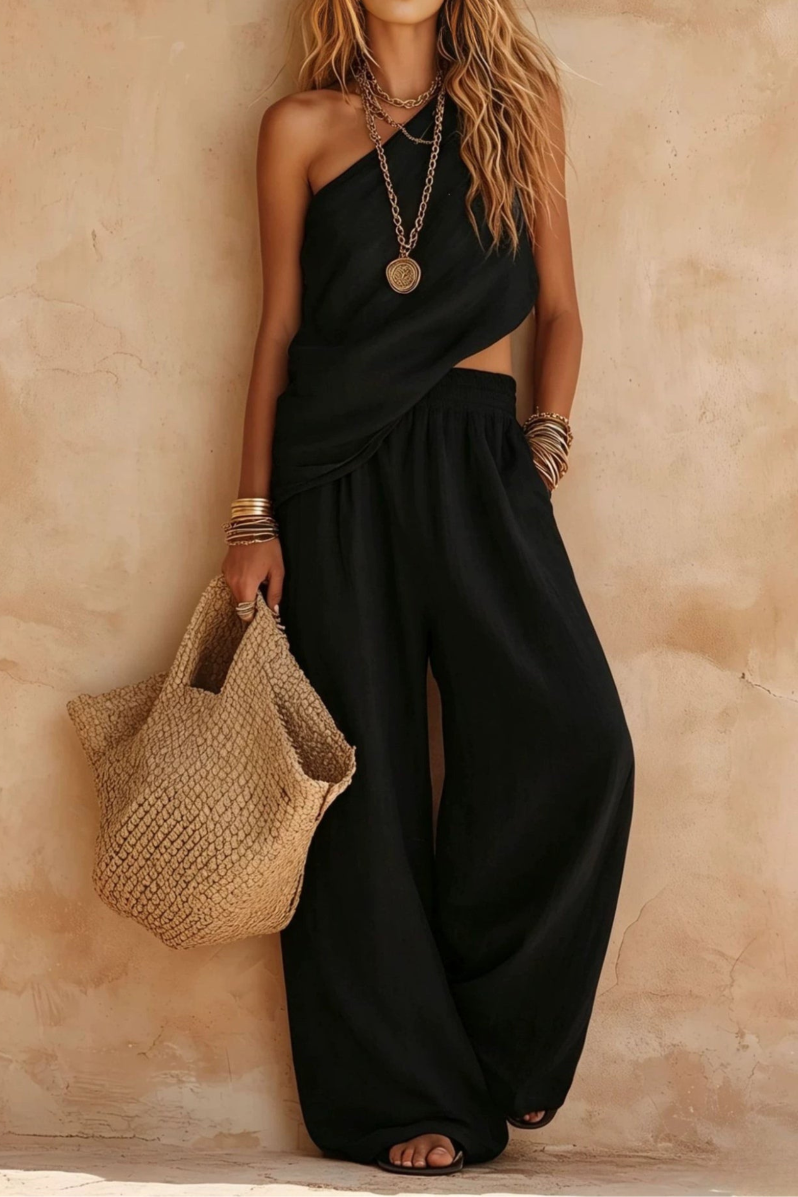Sleeveless One Shoulder Trouser Set