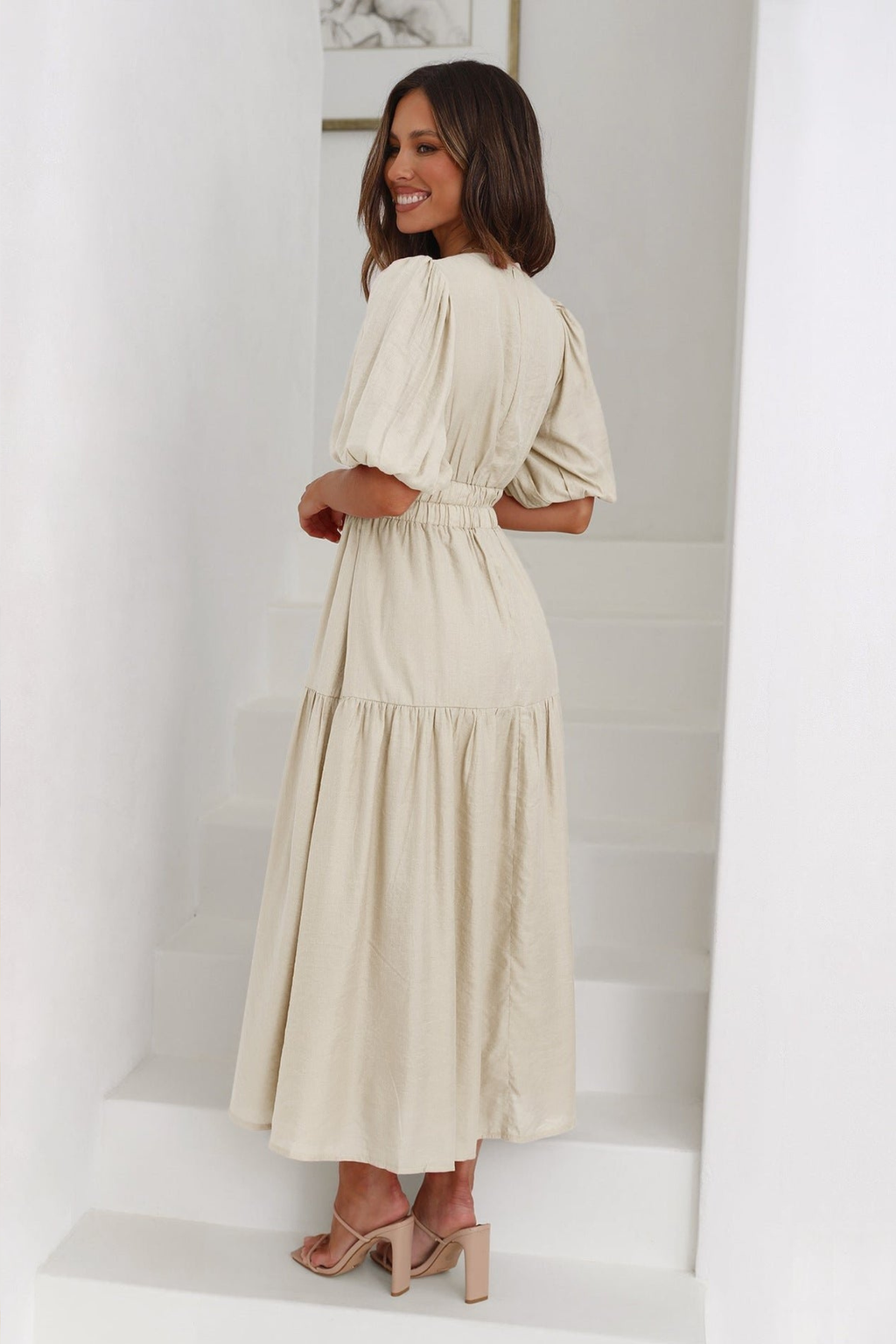 Puff Sleeve Smocked Waist V Neck Midi Dress