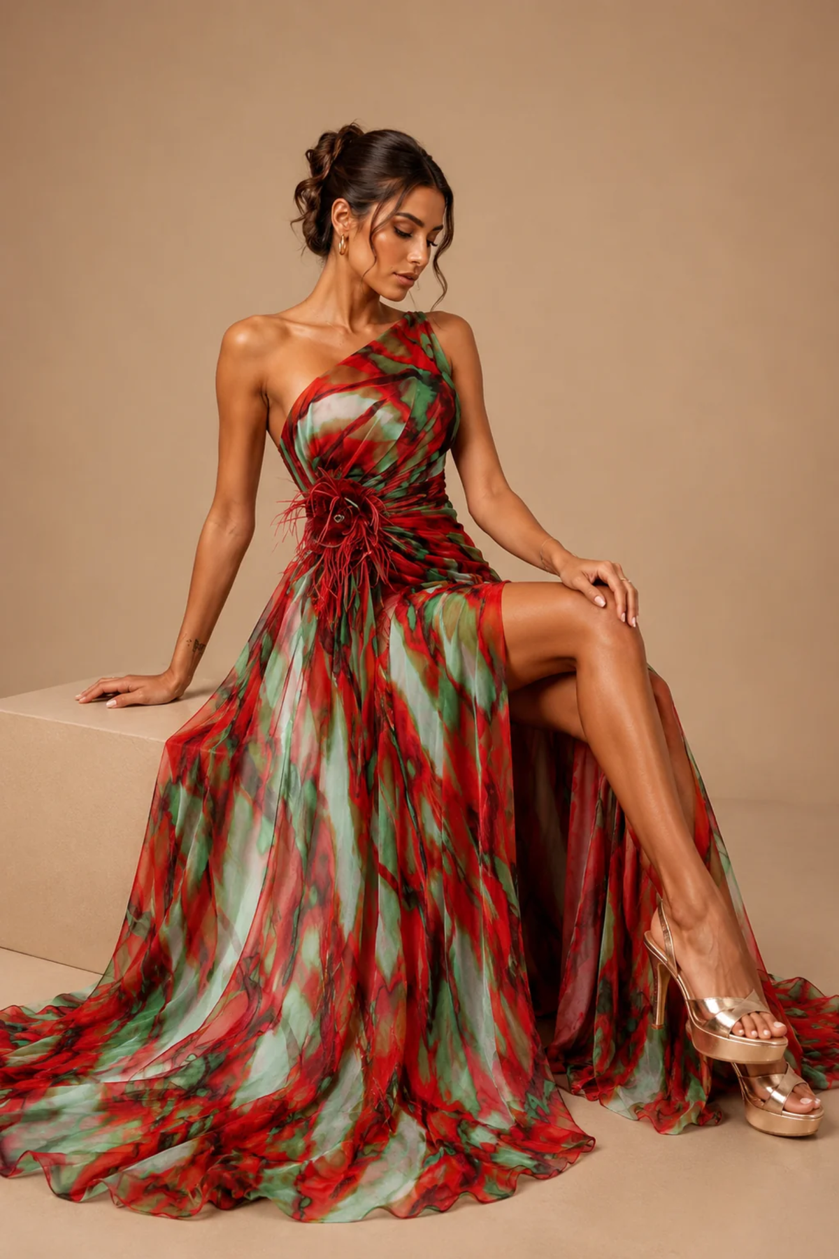Abstract Print One Shoulder Maxi Dress