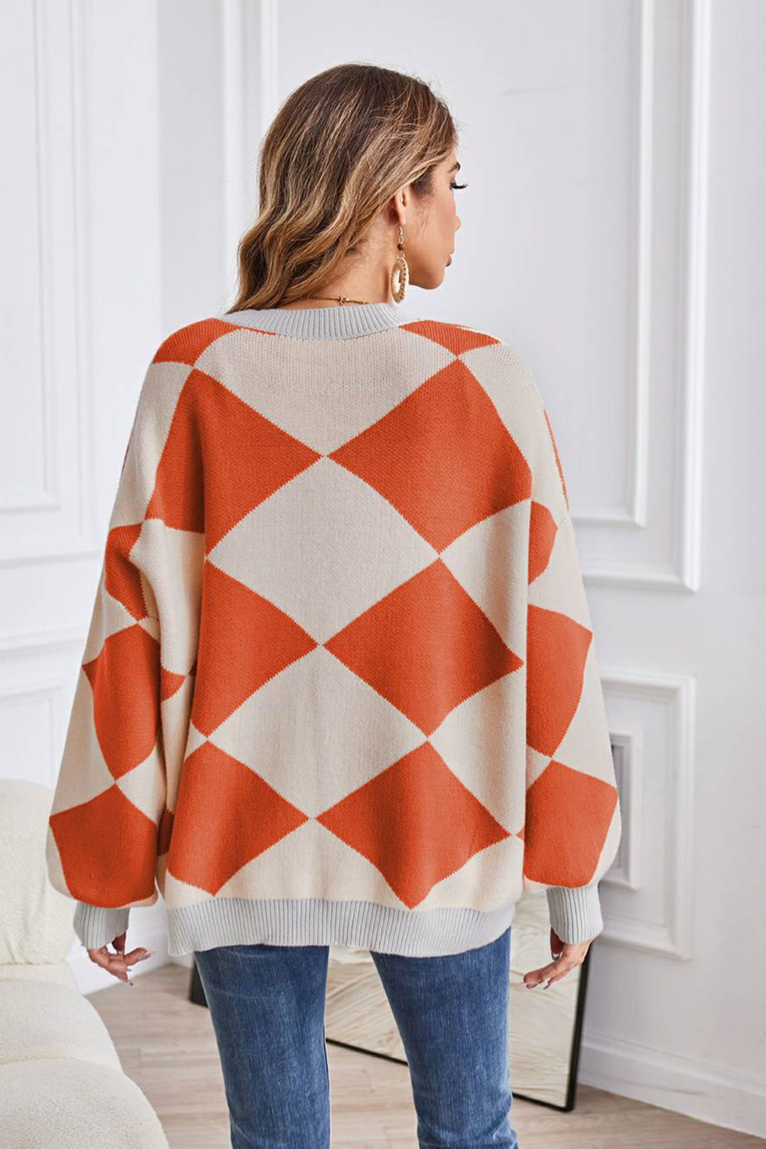 Women's Geometric Knit V Neck Cardigan