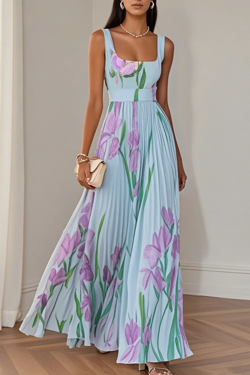 Floral Pleated Chiffon Square Neck Maxi Dress