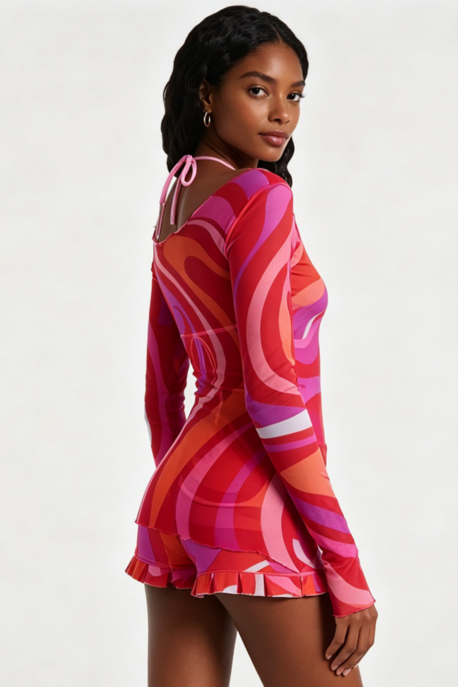 Women Sheer Mesh Swirl Print Short Set