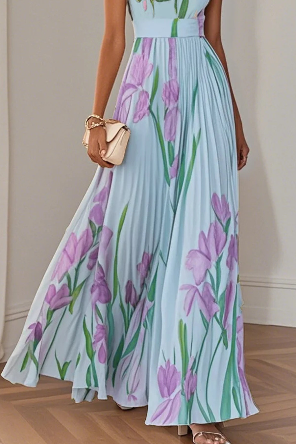 Floral Pleated Chiffon Square Neck Maxi Dress