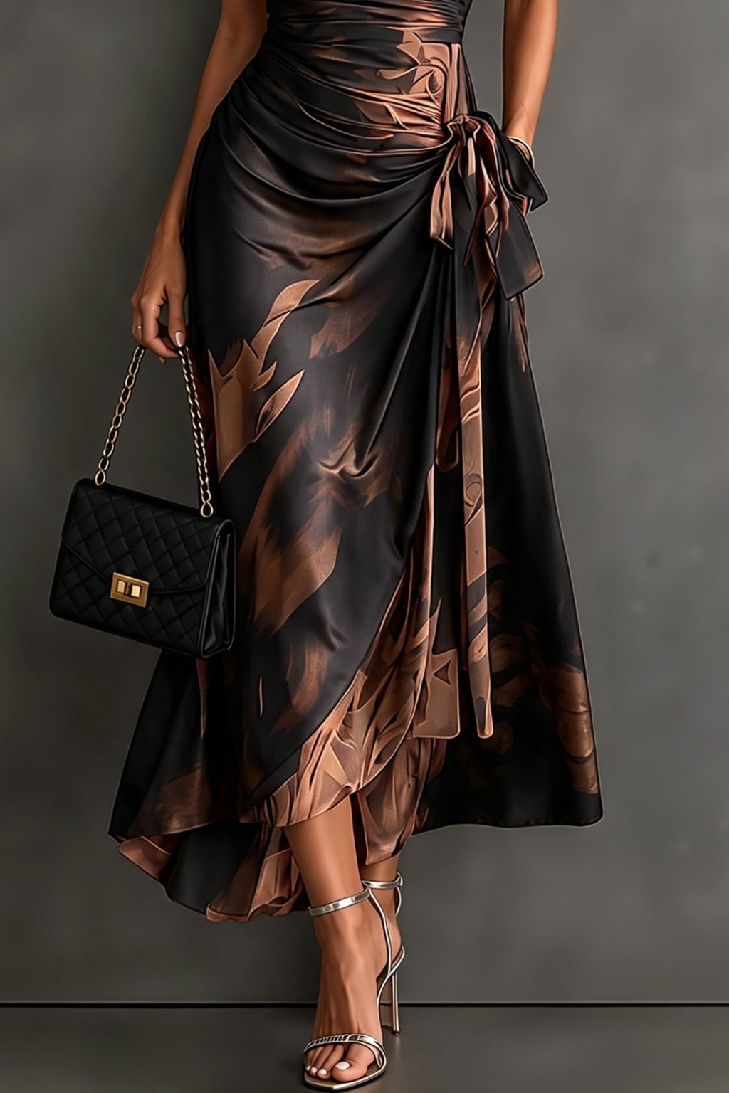Abstract Print Wrap High Low Midi Dress