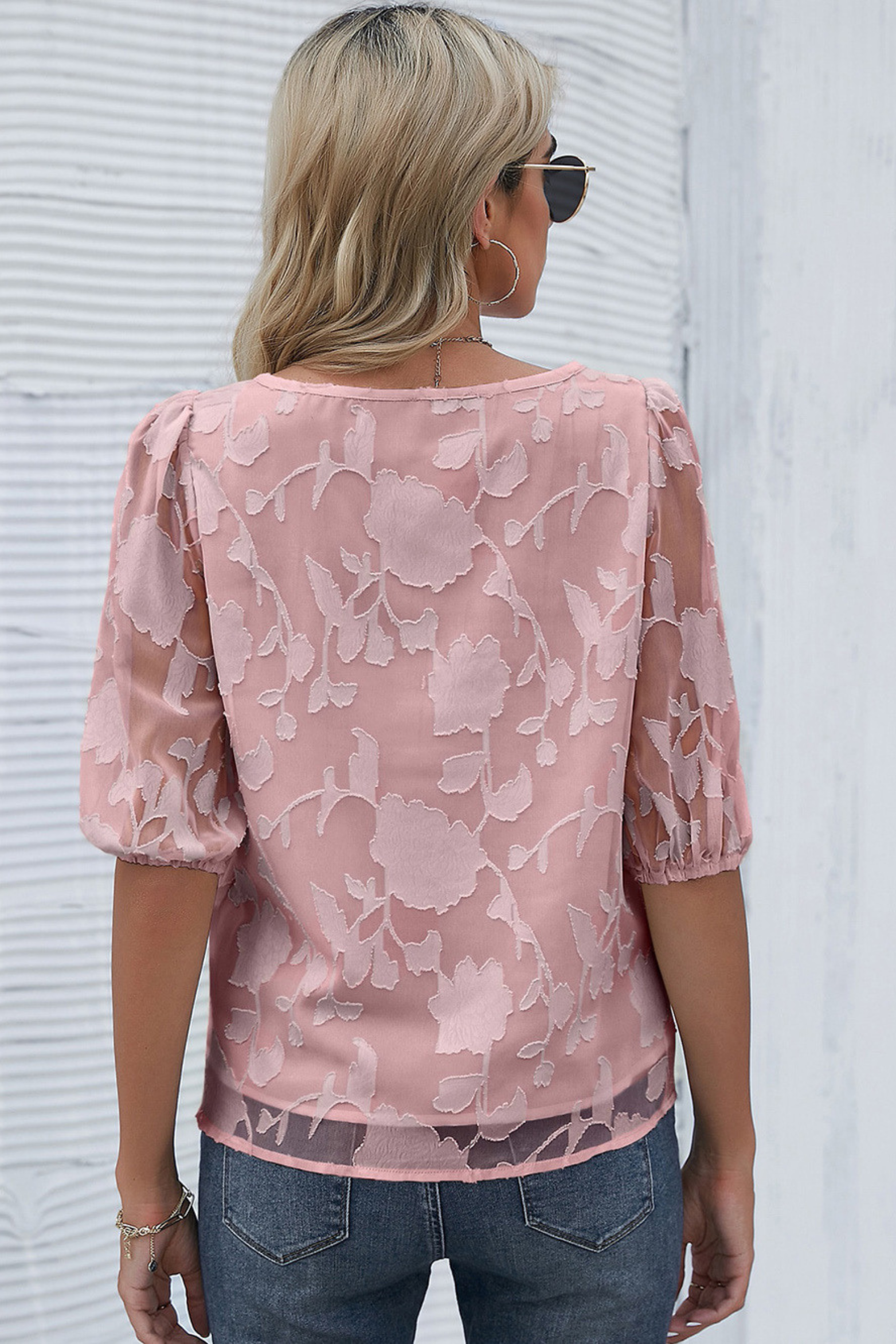 Floral Puff Sleeve Crew Neck Blouse