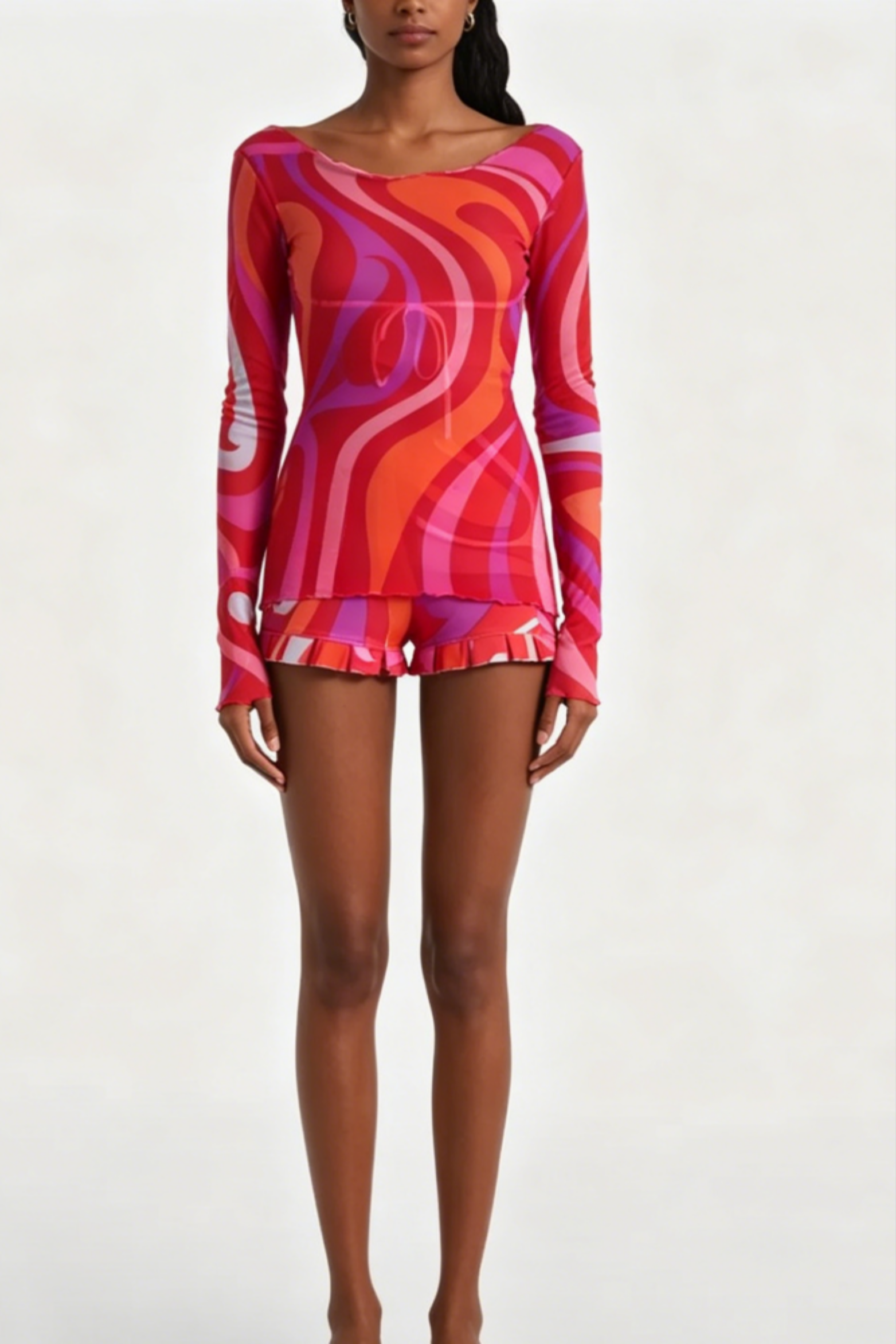 Women Sheer Mesh Swirl Print Short Set