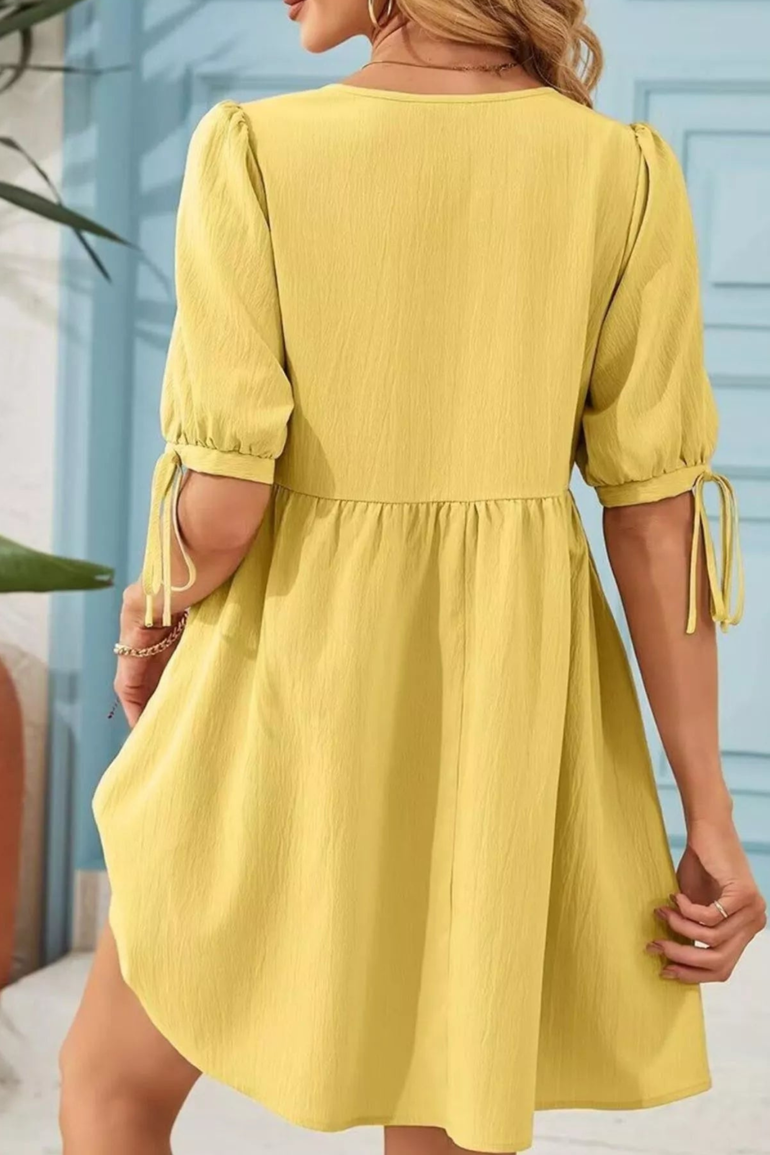Romantic Tie Neck Puff Sleeve Mini Dress