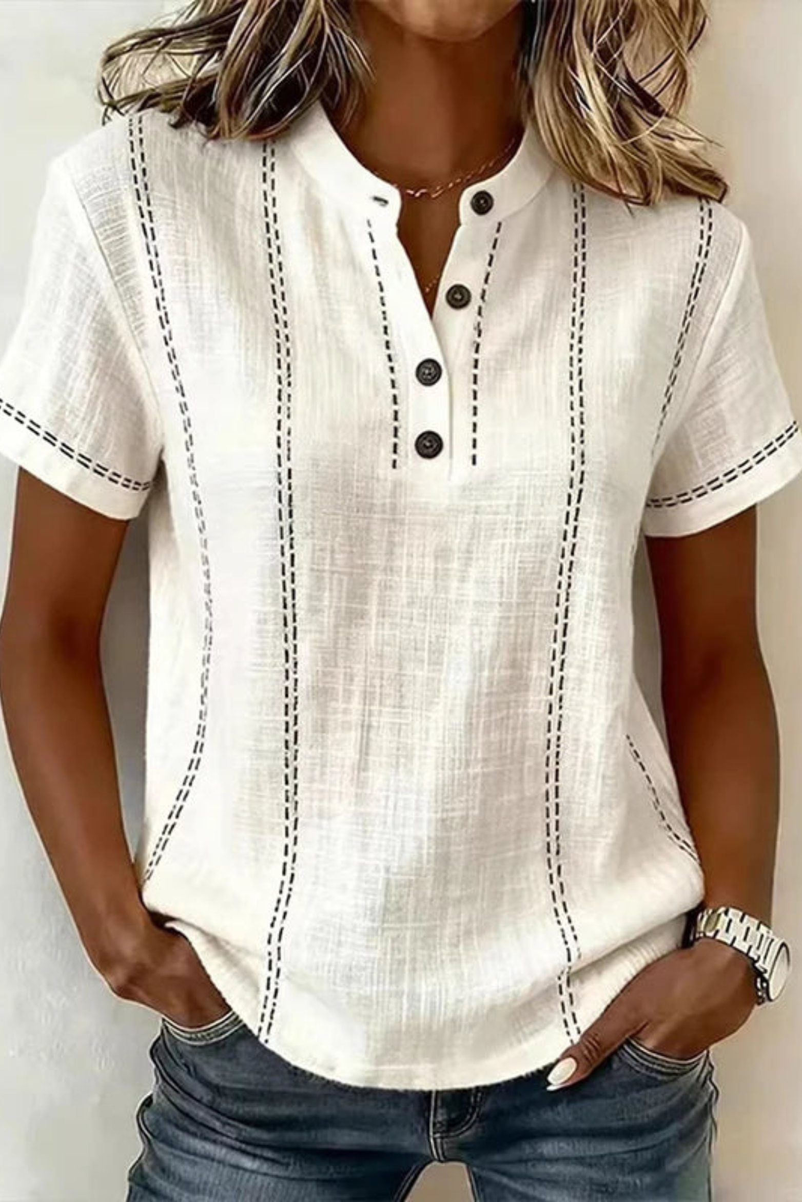 Textured V-Neck Button Blouse with Relaxed Short Sleeves