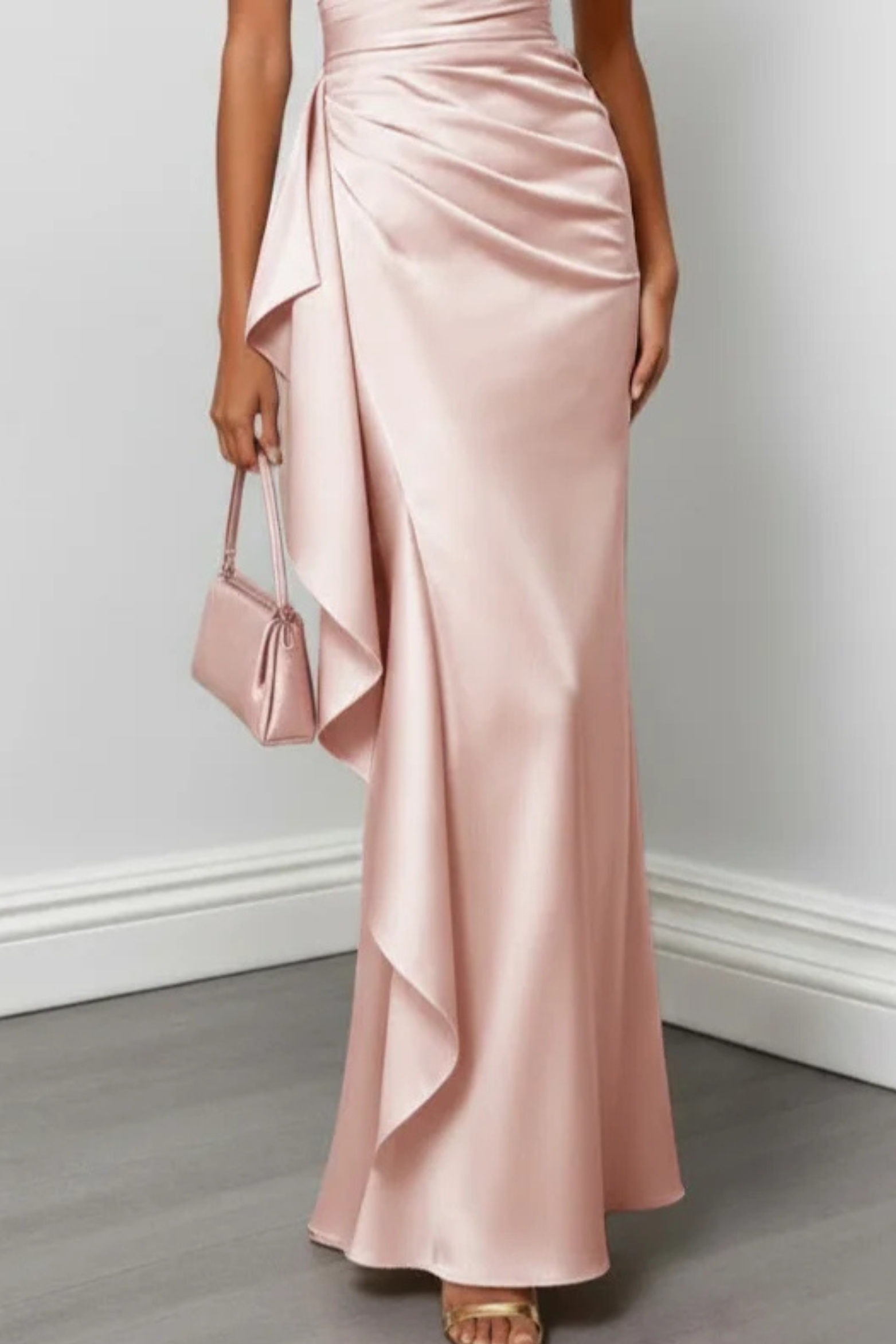 One Shoulder Ruched Satin Maxi Dress with Ruffle Detail
