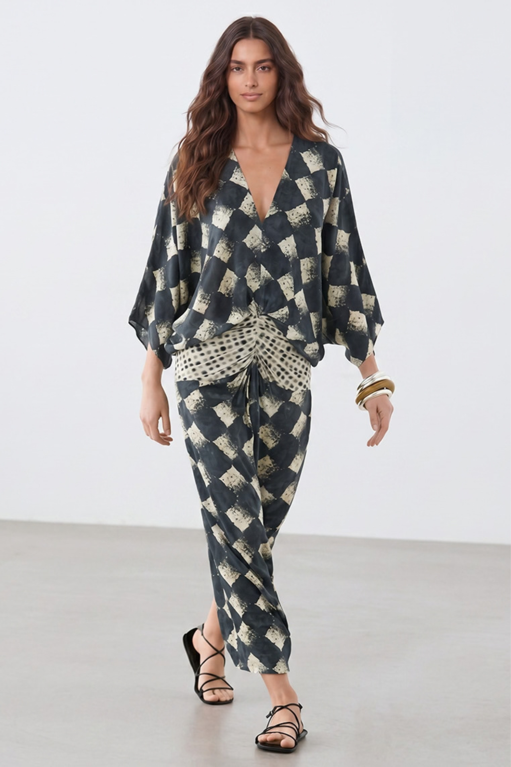Abstract Plaid Flowing Maxi Dress