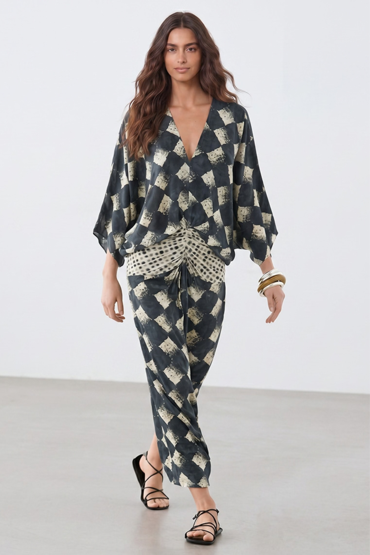 Abstract Plaid Flowing Maxi Dress