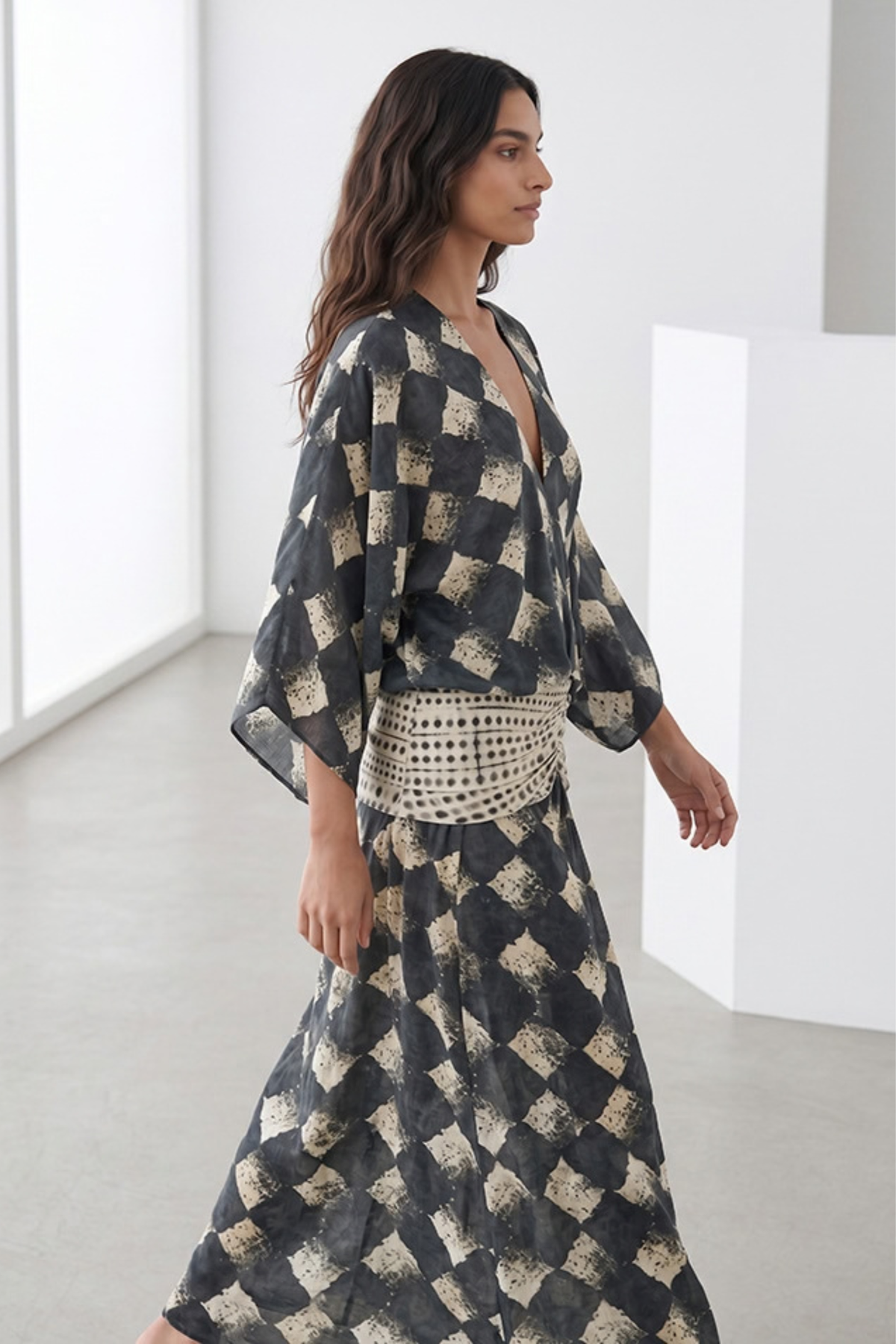 Abstract Plaid Flowing Maxi Dress