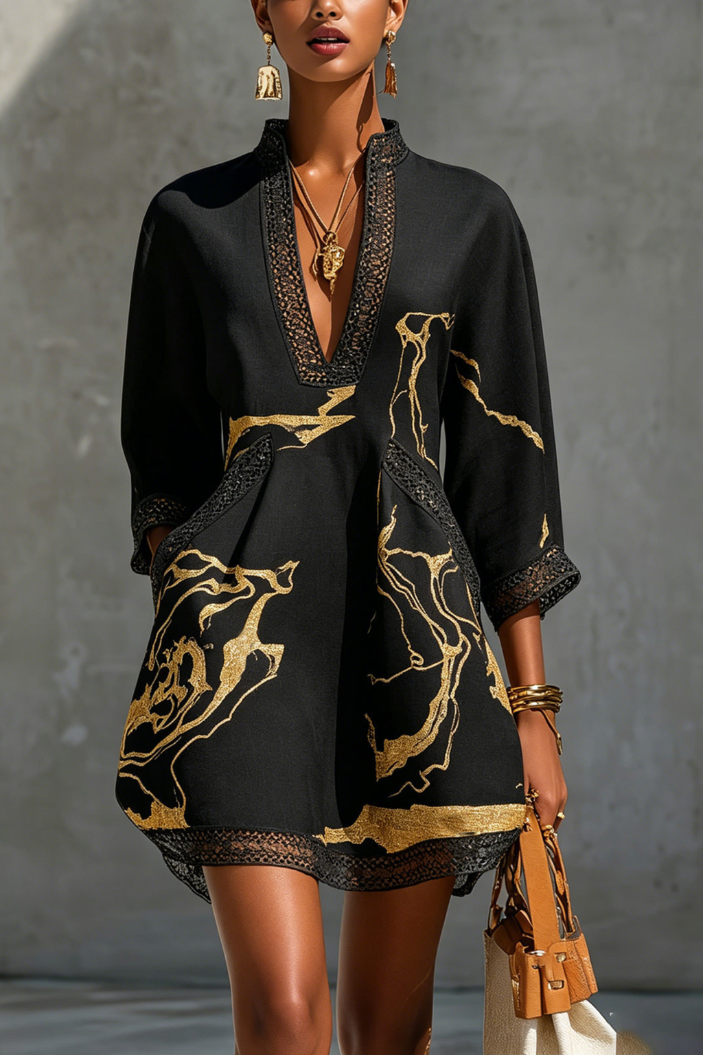 Black Gold Print Crochet Lace Mini Dress