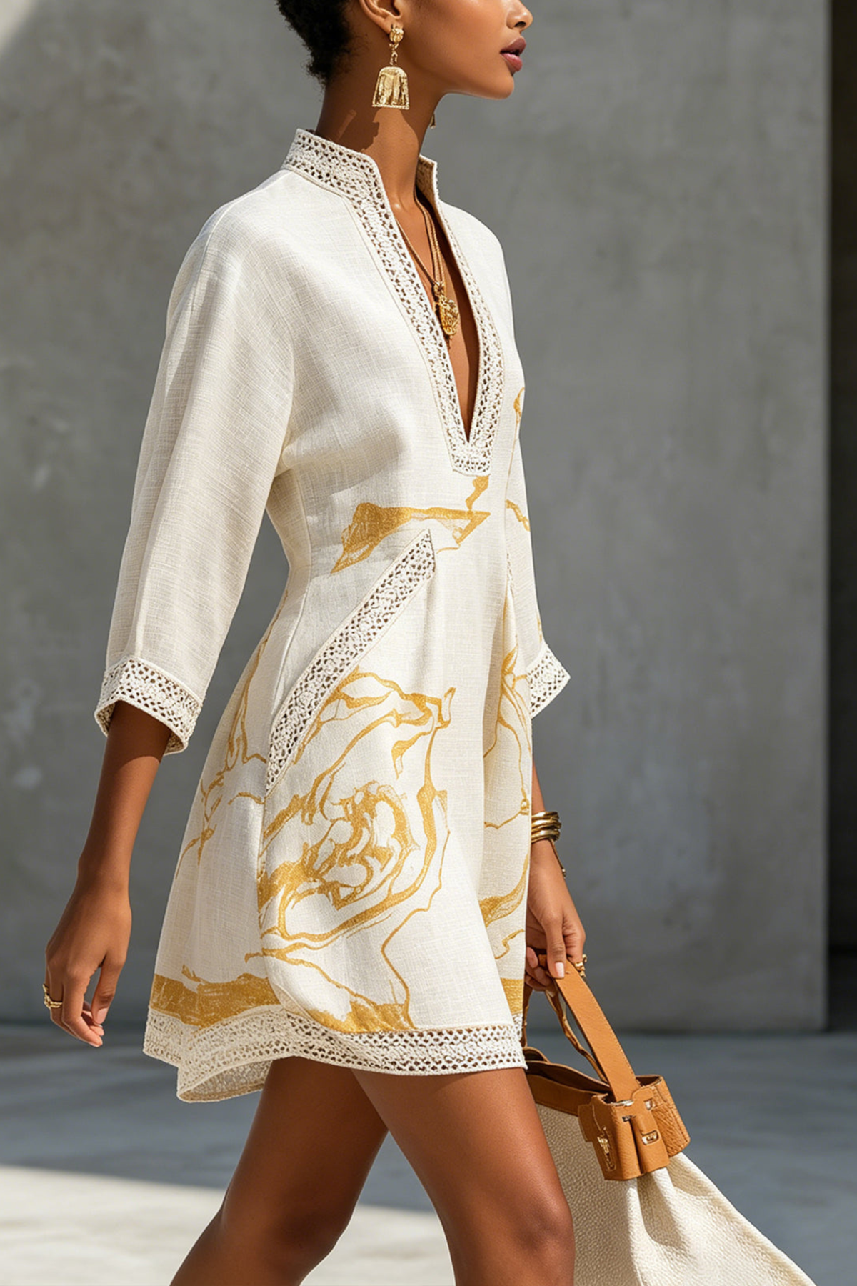 Black Gold Print Crochet Lace Mini Dress