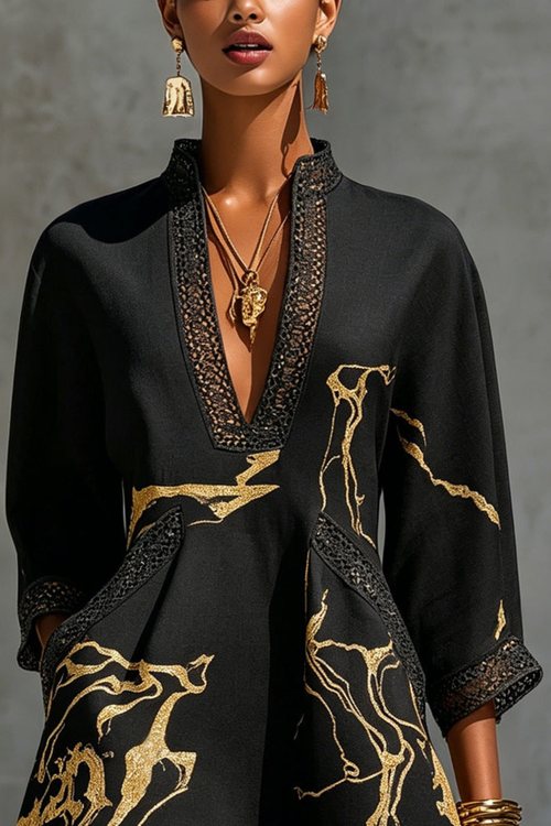 Black Gold Print Crochet Lace Mini Dress