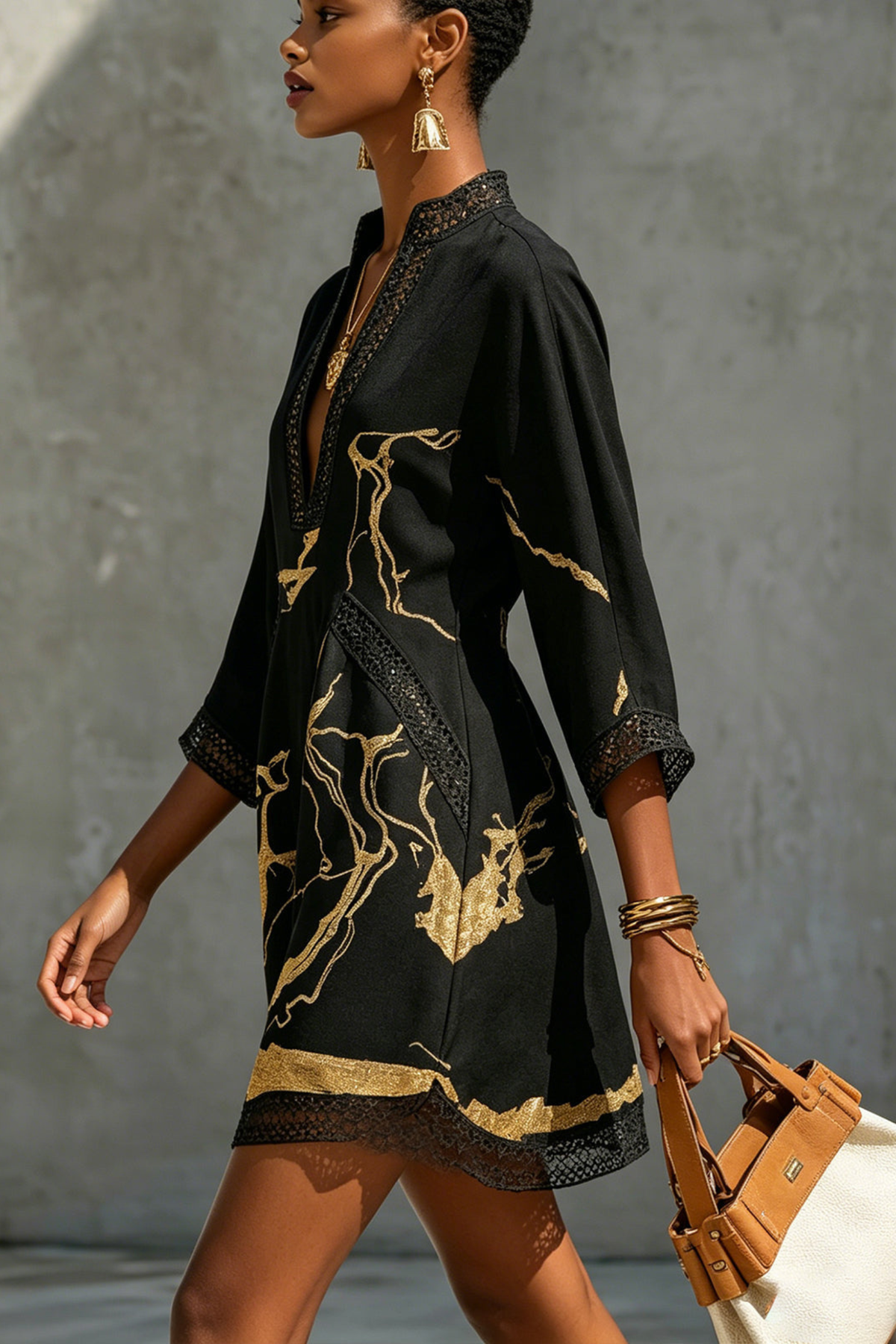 Black Gold Print Crochet Lace Mini Dress
