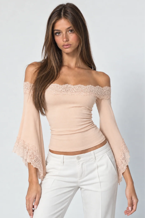 Black Off Shoulder Lace Trim Bell Sleeve Top