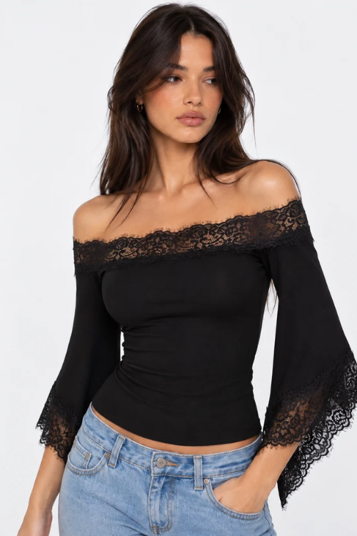 Black Off Shoulder Lace Trim Bell Sleeve Top