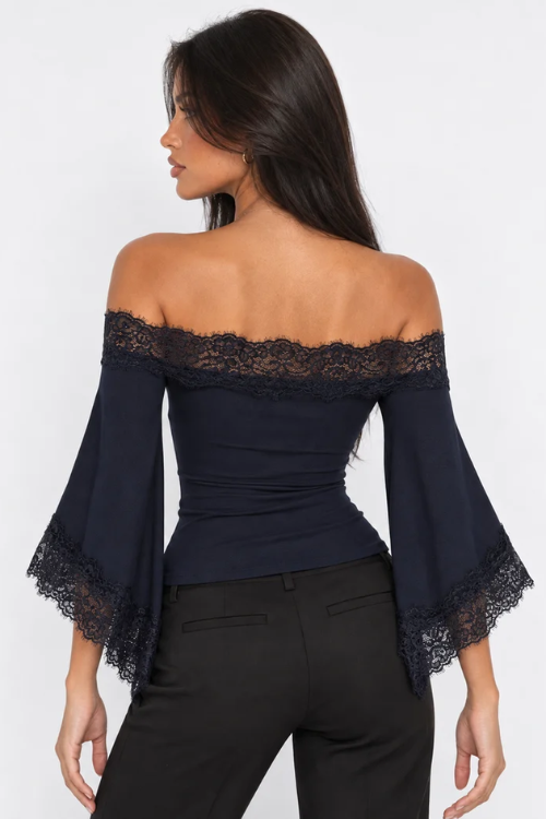 Black Off Shoulder Lace Trim Bell Sleeve Top