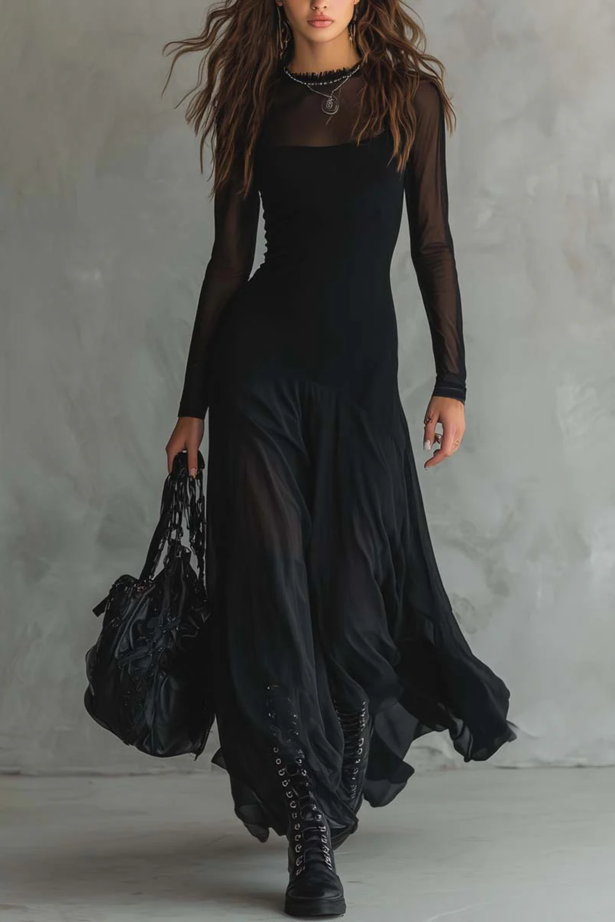 Black Patchwork Tulle Maxi Dress
