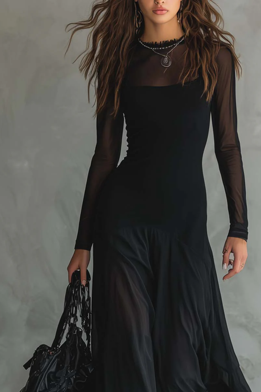 Black Patchwork Tulle Maxi Dress
