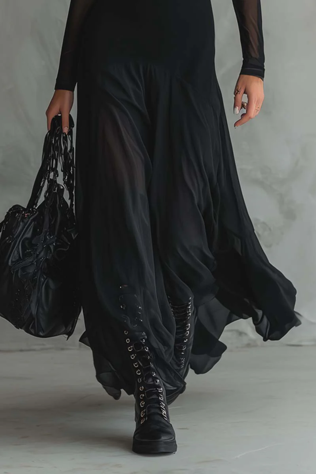 Black Patchwork Tulle Maxi Dress