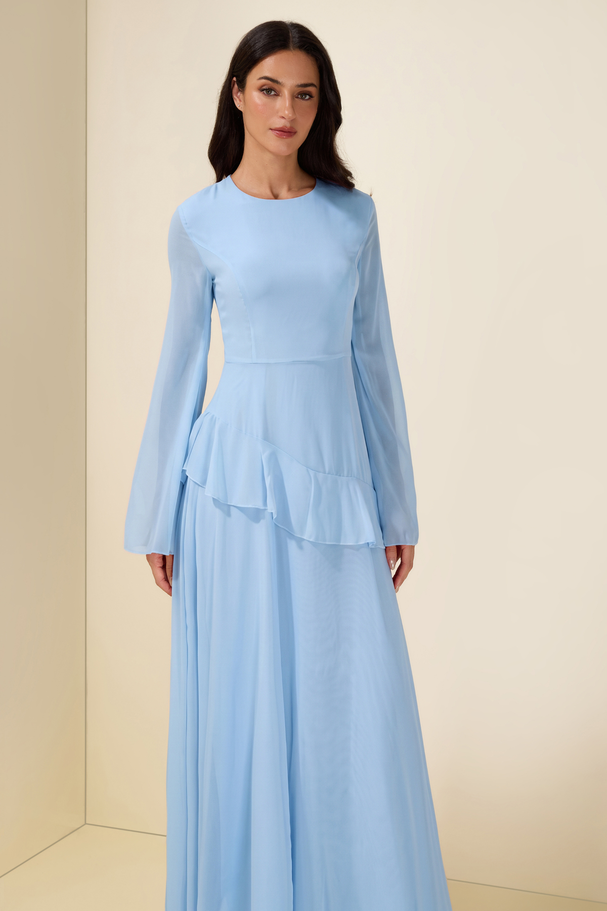 Blue Chiffon Ruffle Maxi Dress