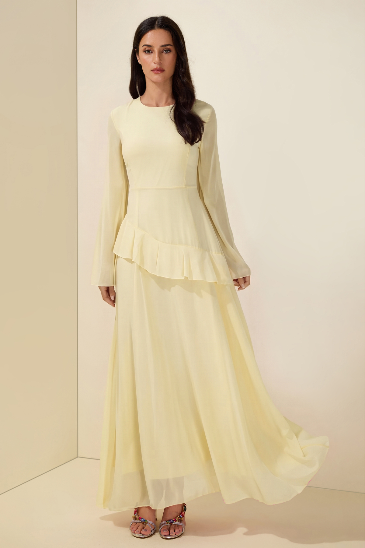 Blue Chiffon Ruffle Maxi Dress
