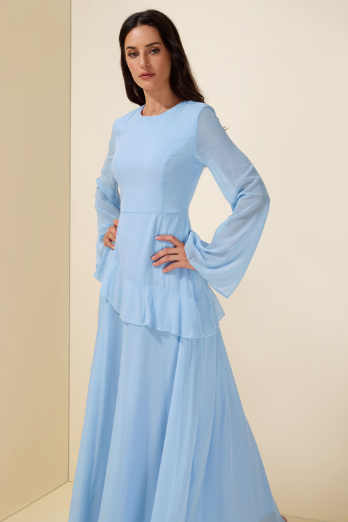 Blue Chiffon Ruffle Maxi Dress