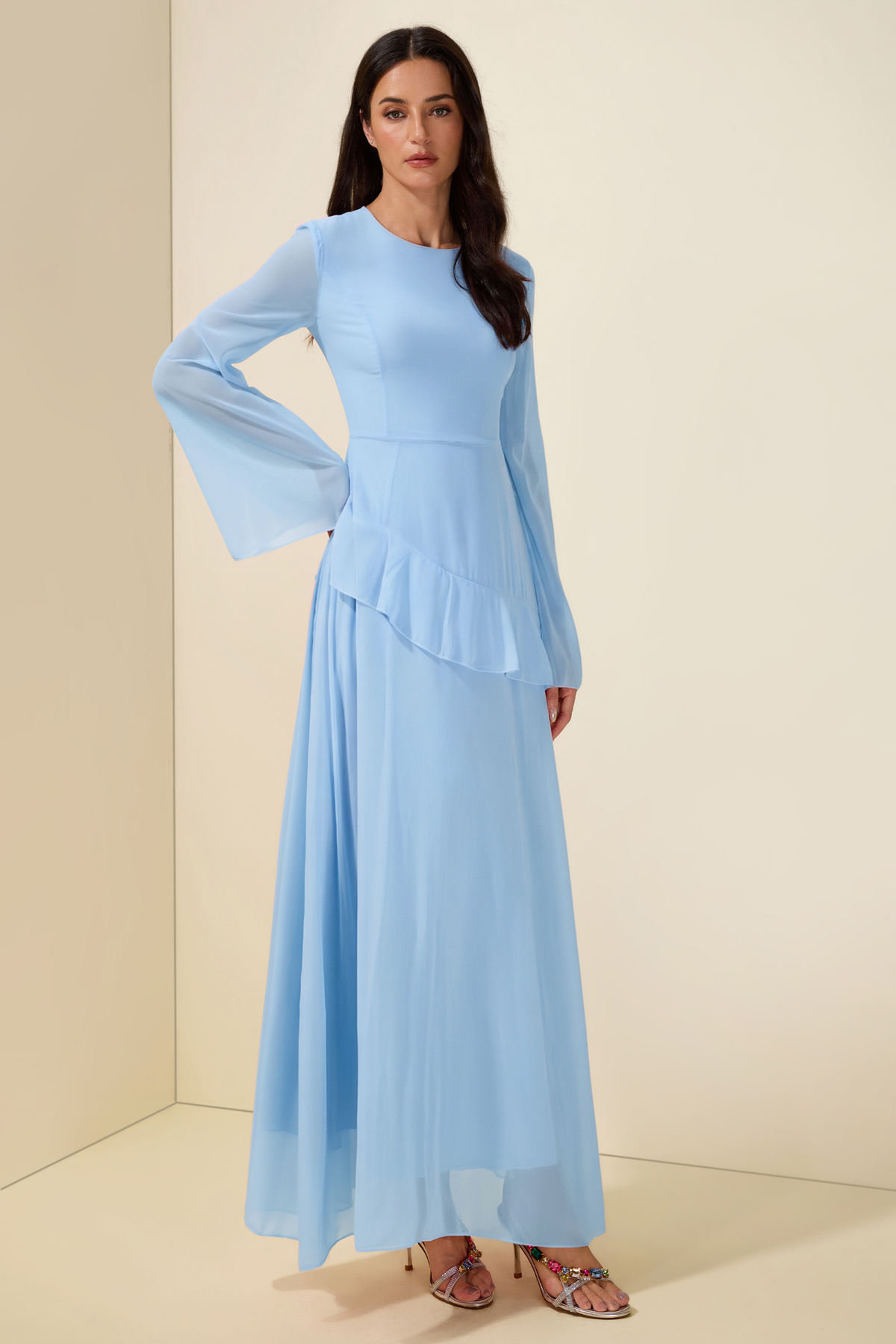 Blue Chiffon Ruffle Maxi Dress