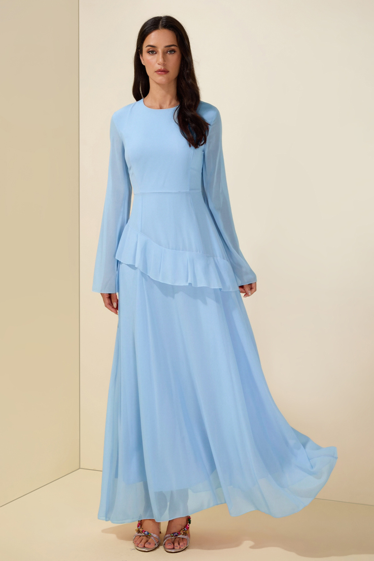 Blue Chiffon Ruffle Maxi Dress
