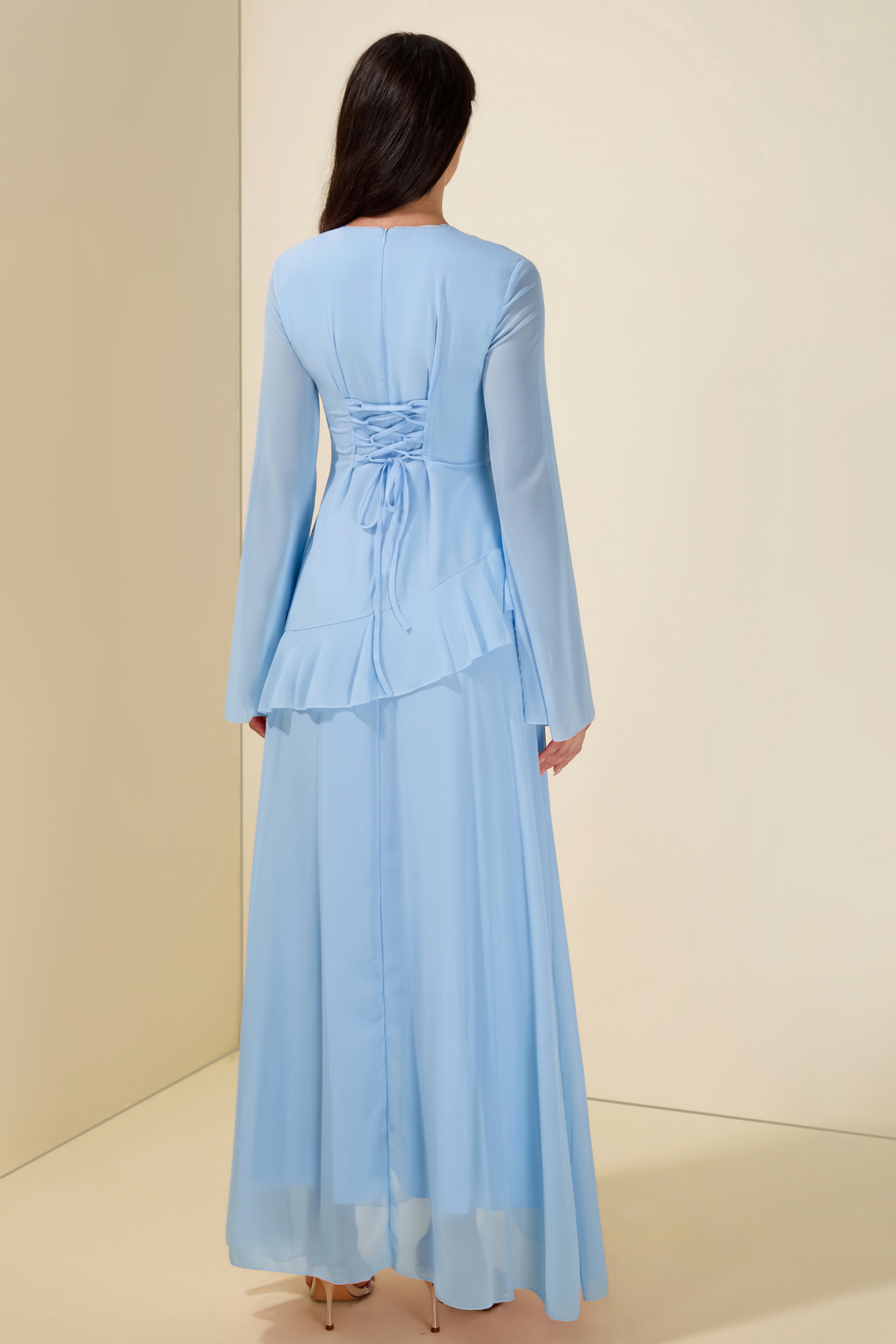 Blue Chiffon Ruffle Maxi Dress