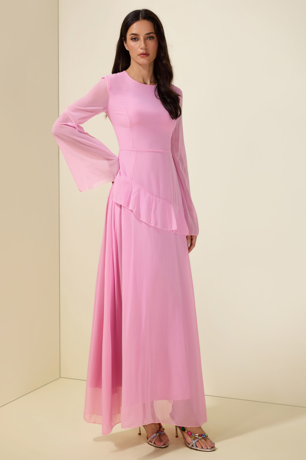 Blue Chiffon Ruffle Maxi Dress