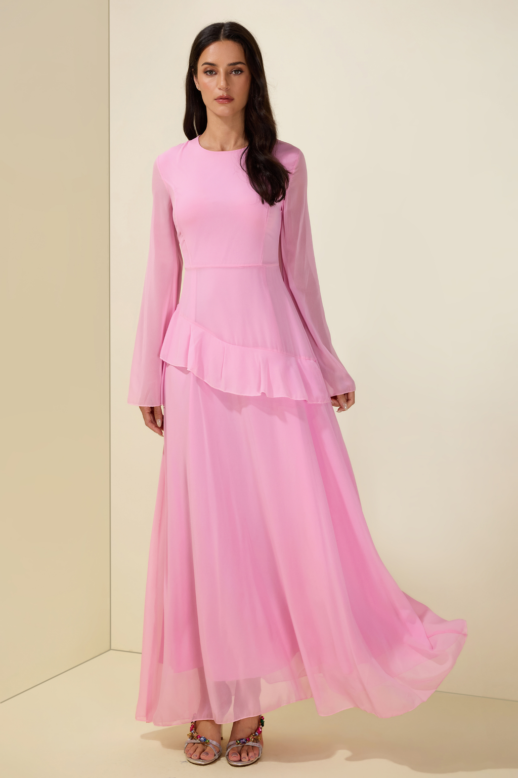Blue Chiffon Ruffle Maxi Dress