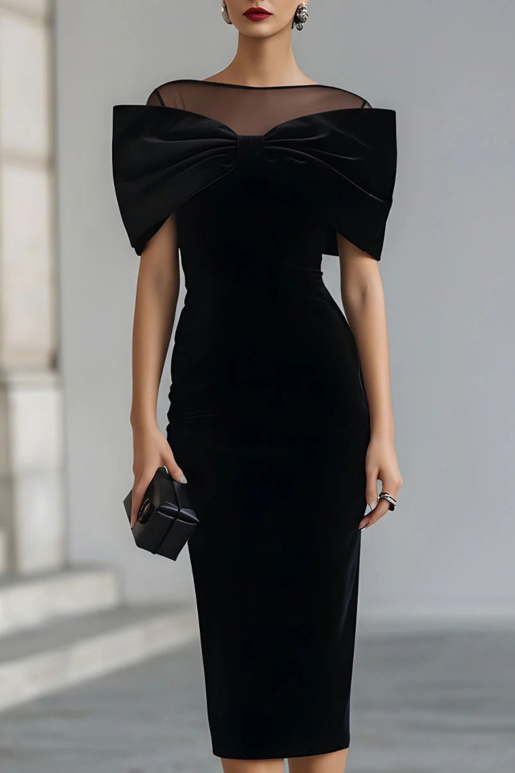 Bow Detail Sheer Neck Midi Dress