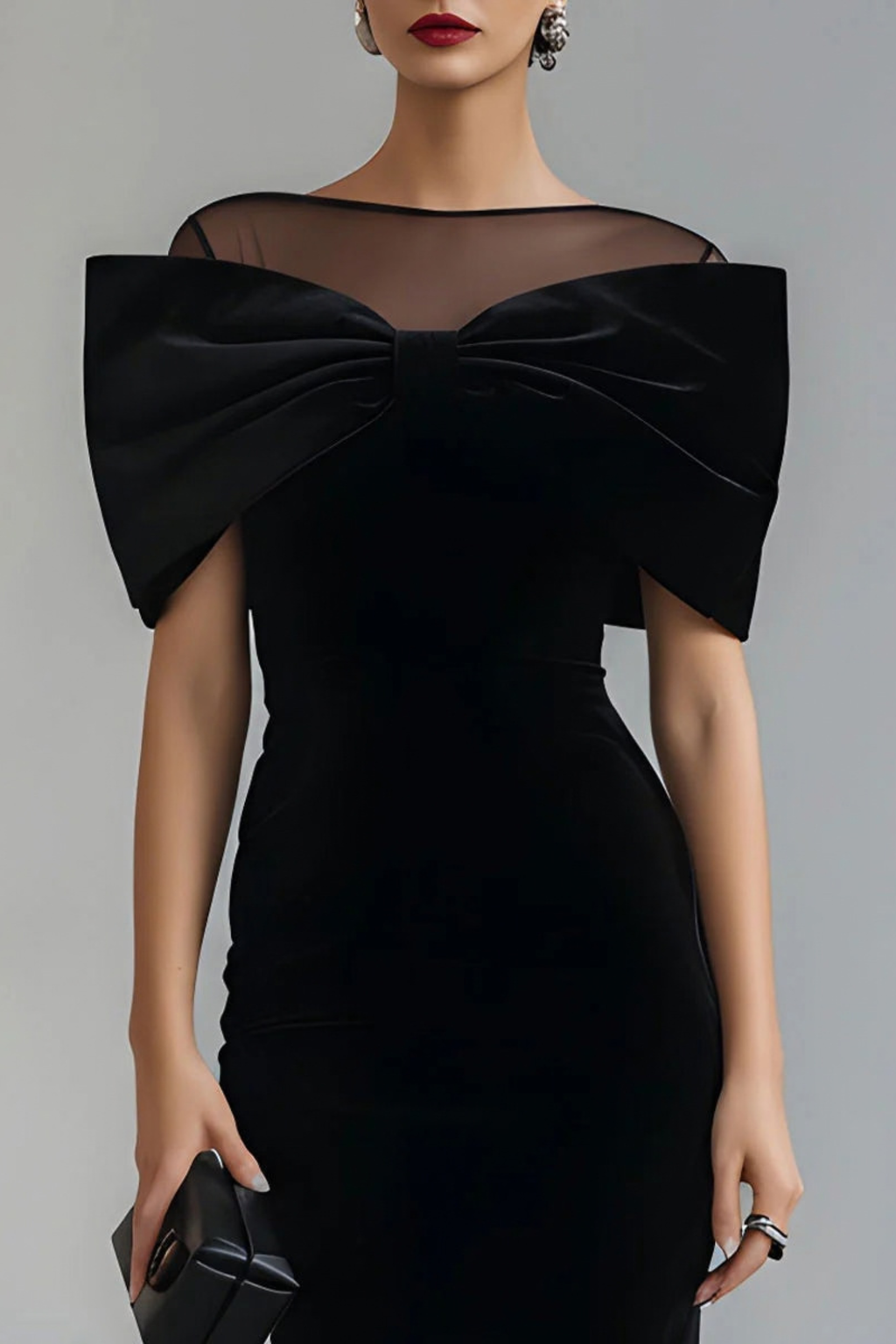 Bow Detail Sheer Neck Midi Dress