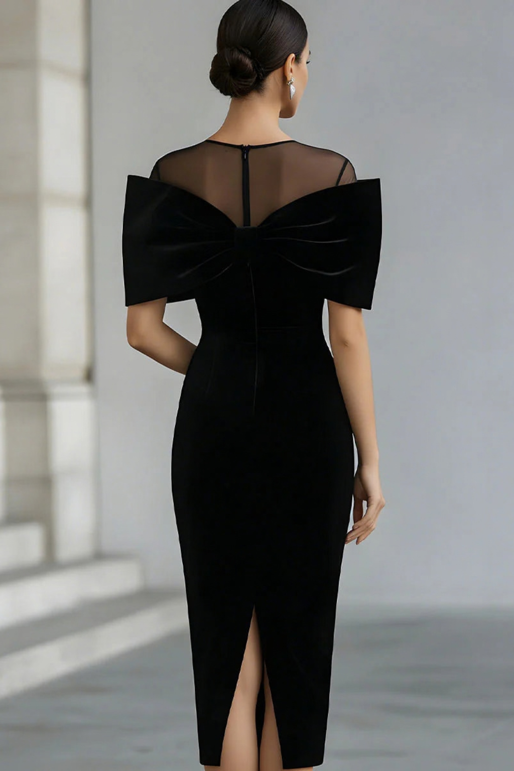 Bow Detail Sheer Neck Midi Dress