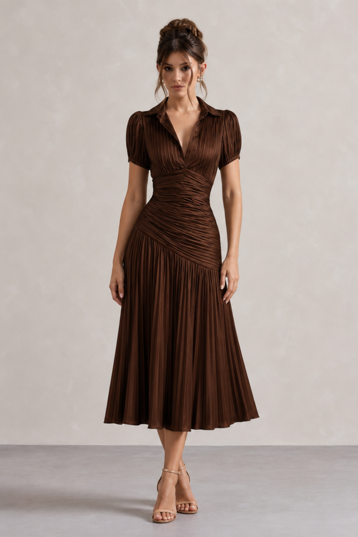 Bronze Pinstripe Ruched Waist Midi Dress