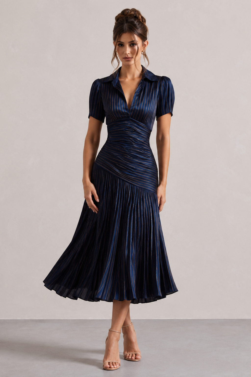 Bronze Pinstripe Ruched Waist Midi Dress
