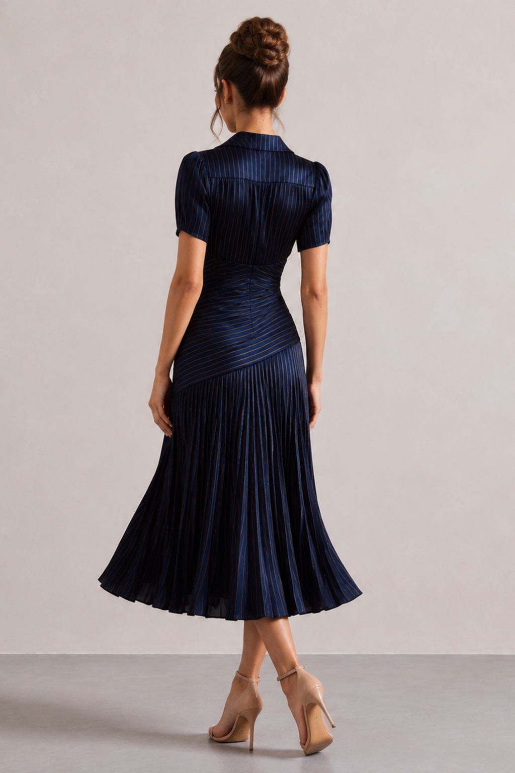 Bronze Pinstripe Ruched Waist Midi Dress