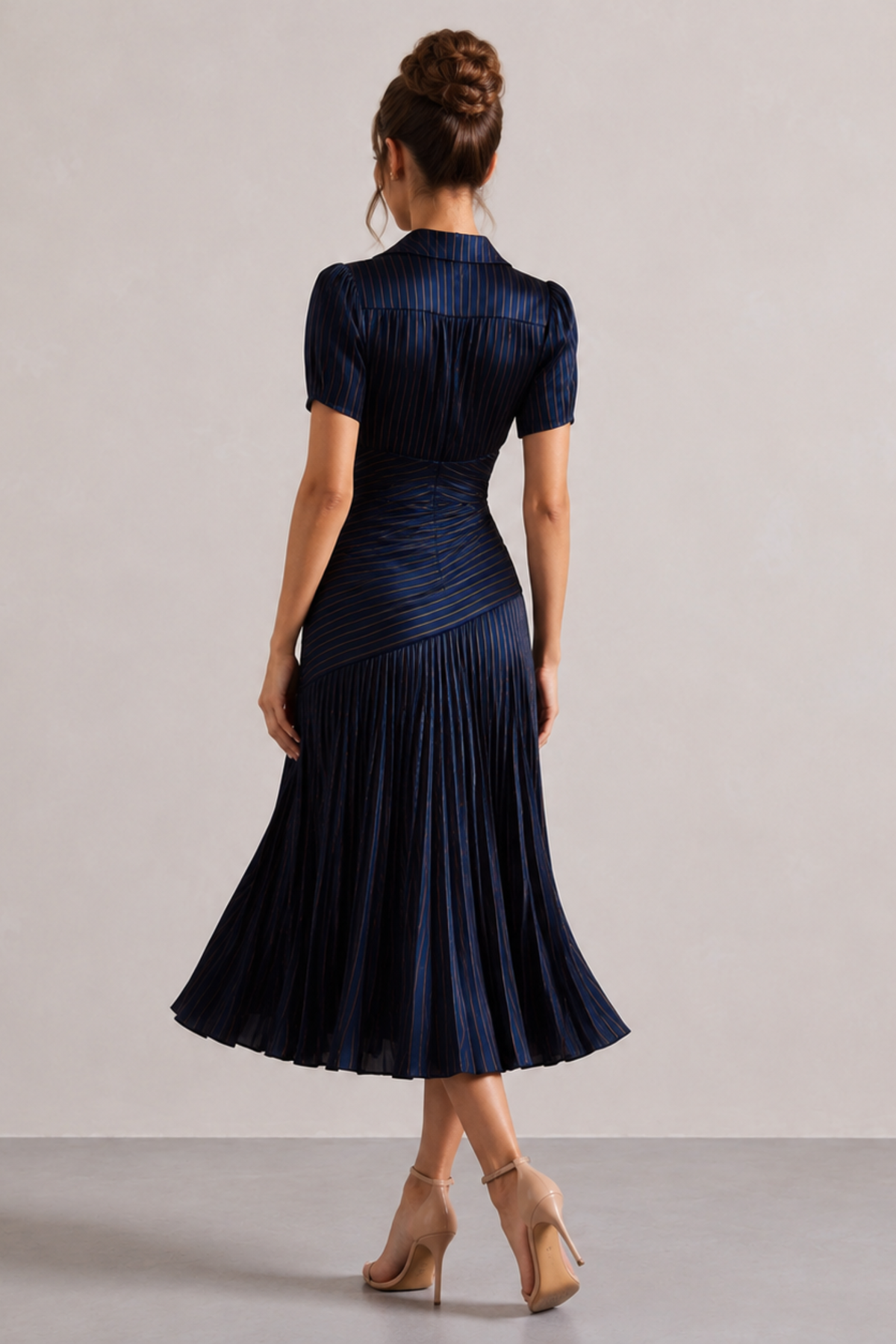 Bronze Pinstripe Ruched Waist Midi Dress