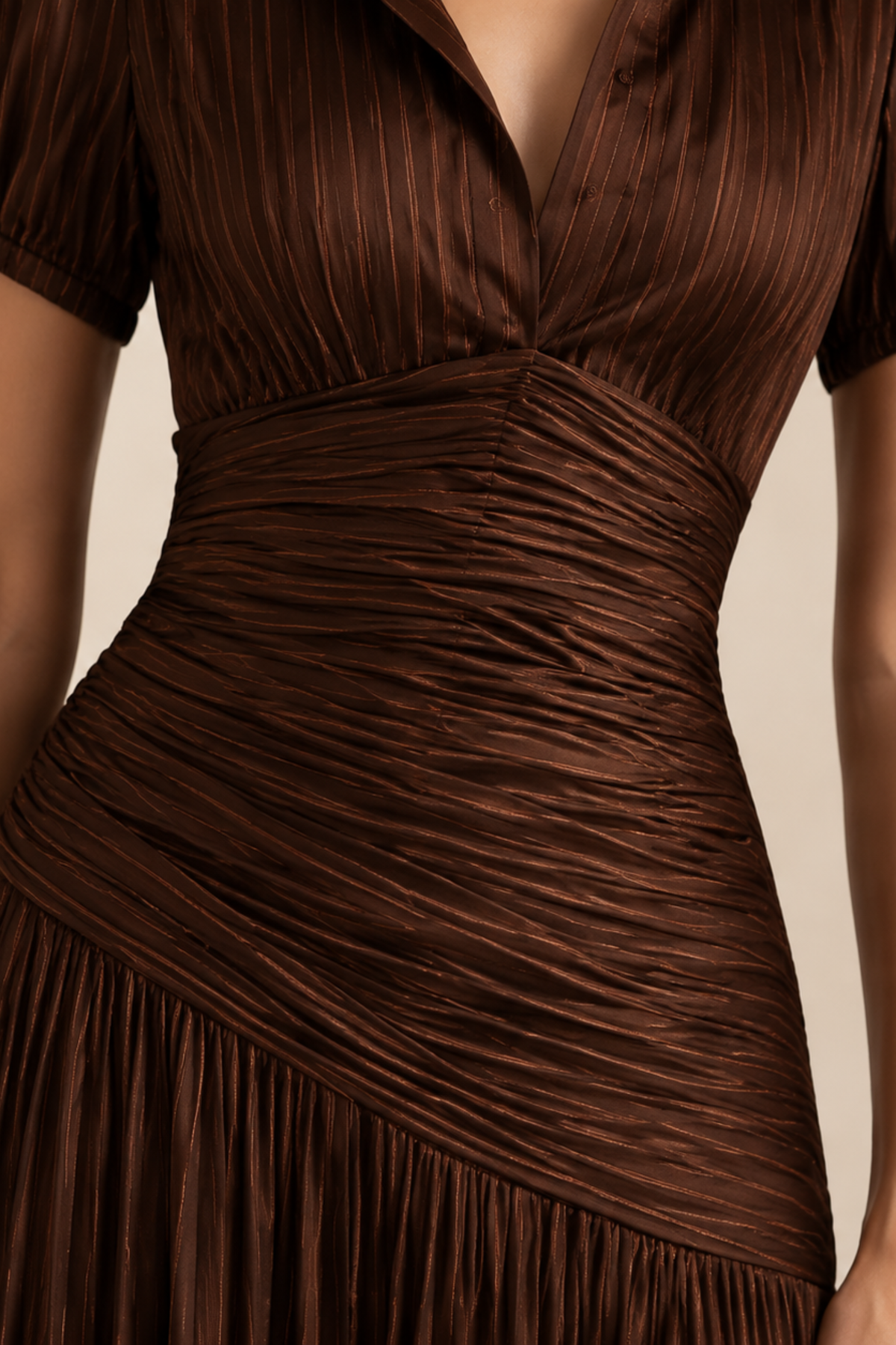 Bronze Pinstripe Ruched Waist Midi Dress